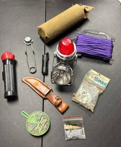 lot 765 image: Hunting & Fishing Lot - Flashlight, Knife Sheath, Sinkers, Spotlight, Rope and more