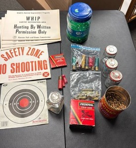 lot 768 image: Hunting & Shooting Lot - reloading Ammunition, Pellets,Targets, Safety Signs