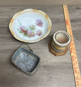 lot 535 image: Decorative Porcelain Bowl with Floral Design marked Germany 30, small metal basket with handle and a candle with southwest theme
