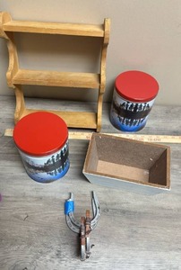 lot 537 image: Two small decorative storage tins with landscape design, small Wood Shelf Unit, Wood Box, and two horseshoe wall mountable coat hooks