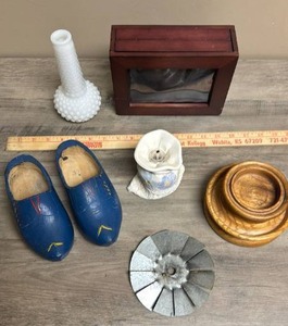 lot 539 image: Mixed Decorative Lot - Wooden Clogs, Hobnail Vase, Oil Warmer, Metal Windmill Wheel, Wood Candle Holder, and a Photo Display Box