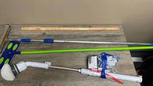lot 575 image: Scrub Shower Cleaning Tool Set, Squeege, and a Swiffer