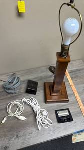 lot 578 image: Table Lamp with Wood Base, extension cords, and multi-outlet plug-in
