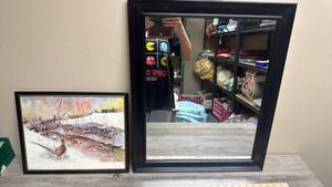 lot 606 image: Framed Print Winter Landscape with Pheasant and Black Framed Mirror