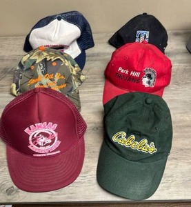 lot 707 image: Lot of 6 Baseball Caps - Kansas Rodeo, Park Hill Trojans, Cabelas and more