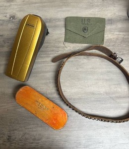 lot 709 image: Empire Shoe Shine Applicator (tested, works), Esquire Boot Polish Brush, Belt and US Army Pouch
