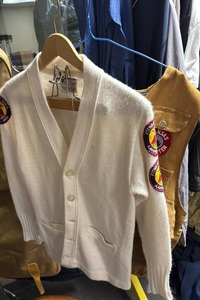 lot 710 image: Vintage Cream Cardigan w sleeve patches and vintage Tan Hunting vest with Patches