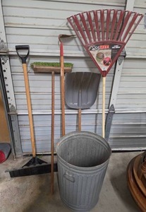 lot 1016 image: Yard Tools - Ames Clogfree Leaf Rake 21 Inches, Push Broom, Scoop and Snow Shovel, Hoe