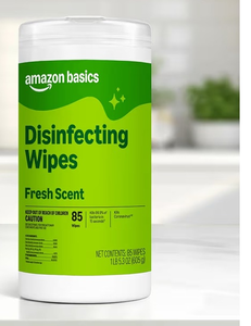 lot 4107 image: Amazon Basics Disinfecting Wipes, Fresh Scent, Sanitizes, Cleans, Disinfects & Deodorizes, 85 Count  - Retail $11