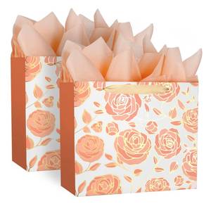 lot 4137 image: DecorWoo 2 Pack 13 Rose Gold Large Paper Gift Bag, with Tissue Paper and Greeting Card, Foil Flowers Pattern, for Mothers Day Birthdays Tea Party Anniversaries Special Loved One - Retail $10