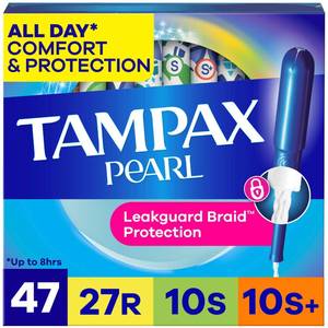 lot 4171 image: Tampax Pearl Tampons for Women Multipack, with LeakGuard Braid, RegularSuperSuper Plus Absorbency, Unscented, 47 Count - Retail $11