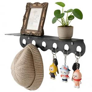 lot 4183 image: SCUNDA 6-Hook Floating Wall Shelf, Heavy Duty &amp Waterproof Black Metal, Modern Wall Rack for Keys, Hats, Wallet Perfect for Bathroom, Entryway, Bedroom (2 Pack) - Retail $10