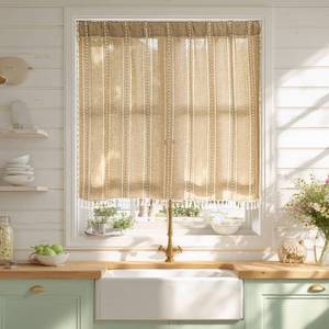 lot 4187 image: Sutuo Home Boho Curtains Valance Tier 36 inch for Cafe Kitchen Doorway Closet, Short Linen Farmhouse Chic Tassels Window Treatment Bohemian Embroidery Drape Rod Pocket 1 Panel 52 W x 36 L, Natural - Retail $21