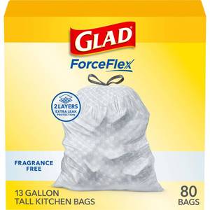 lot 4280 image: Glad ForceFlex Tall Kitchen Drawstring Trash Bags, 13 Gal, Fragrance Free, 80 Ct (Package May Vary) - Retail $15