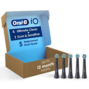 lot 4292 image: Oral-B iO Ultimate Clean Replacement Brush Heads, 5 Count, 4 Ultimate Clean  1 Gum & Sensitive Black - Retail $51
