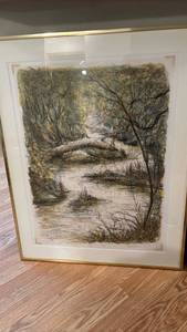 lot 1017 image: Peter Johnson Framed Landscape Drawing Stream Trees