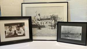 lot 1020 image: 3 Framed Black and White Photographs 2 of Baseball Stadium Historical Scenes and one of a vintage plane
