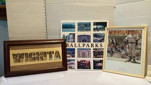 lot 1021 image: Baseball Memorabilia Lot Framed Western League 1910 Print, Ballparks Book, and a Norman Rockwell  Print