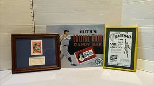 lot 1022 image: Ruths Home Run Candy Bar reproduction Advertising Sign with Baseball Memorabilia Lot, including Amos Otis card and autograph.