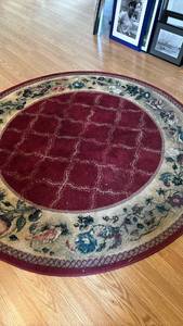 lot 1026 image: Round Area Rug Red Burgundy with Beige Floral Border