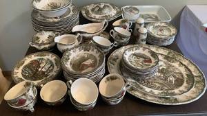 lot 1100 image: Johnson Brothers vintage early 1970s The Family Village Willow By The Brook dinnerware set of 75 pieces
