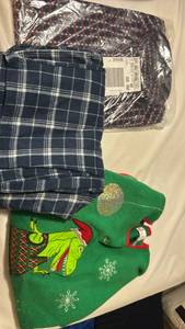lot 1209 image: Sleep pants size L, Christmas dinosaur sweater and button up shirt