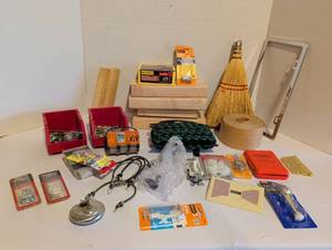 lot 2004 image: Mixed Hardware Lot Screws Anchors Bungees Rope Drill Bits Hooks Hinges Broom Tape