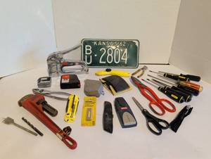lot 2009 image: Hand Tools Lot Stapler Pipe Wrench Screwdrivers Scissors Knife Blades