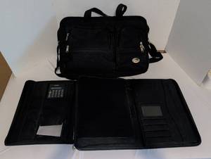 lot 2114 image: 2-Piece Black Organizer Portfolio and Messenger Bag Set