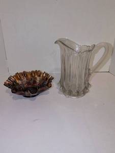 lot 2133 image: 2-Piece Glass Lot Clear Pitcher and Iridescent Bowl with Grape Motif