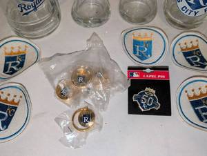 lot 2134 image: Kansas City Royals Glassware Lot 4 Beer Mugs patches and keychains