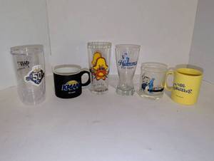 lot 2206 image: Lot of 6 Promotional Drinkware Glasses and Mugs AAA KMAN Hamms Yosemite Sam Simpsons