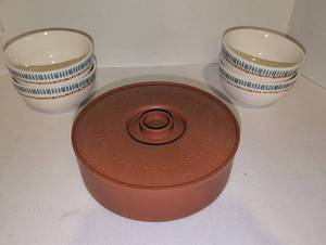 lot 2207 image: Pottery Bowls with Geometric Pattern and tortilla warmer