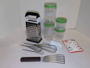 lot 2211 image: Farmer Bros Baking & Kitchen Tool Set with Grater, Whisks, Containers, Spatula
