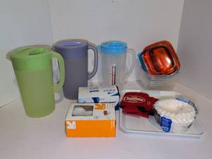 lot 2212 image: Kitchen Drinkware and Tableware Lot Pitchers, Food Storage, Spoons, Cups