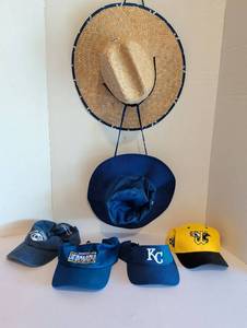 lot 2232 image: Hat Lot Straw Hats, Baseball Caps, KC Royals, Jeopardy, 6 Items