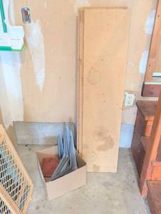 lot 2256 image: 12x46 inch Shelf Boards and L-Brackets Lot with Hardware Container