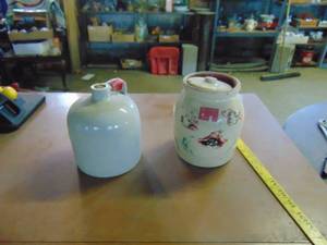 lot 4627 image: Painted Crock with chipped Lid and Old whiskey Jug 
