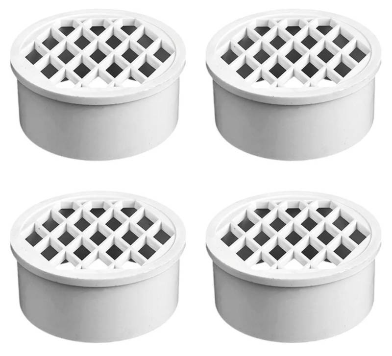 lot 58073 image: 4Pcs Outdoor Drain Cover, 70mm ID2.75 Insertion Size PVC Sewer Grate for Duct Opening- Fits Metric DN75 Pipe (75mm OD), Drain Grate Exhaust Pipes in Yard Roof Household Bathrooms and Kitchens - Retail $15
