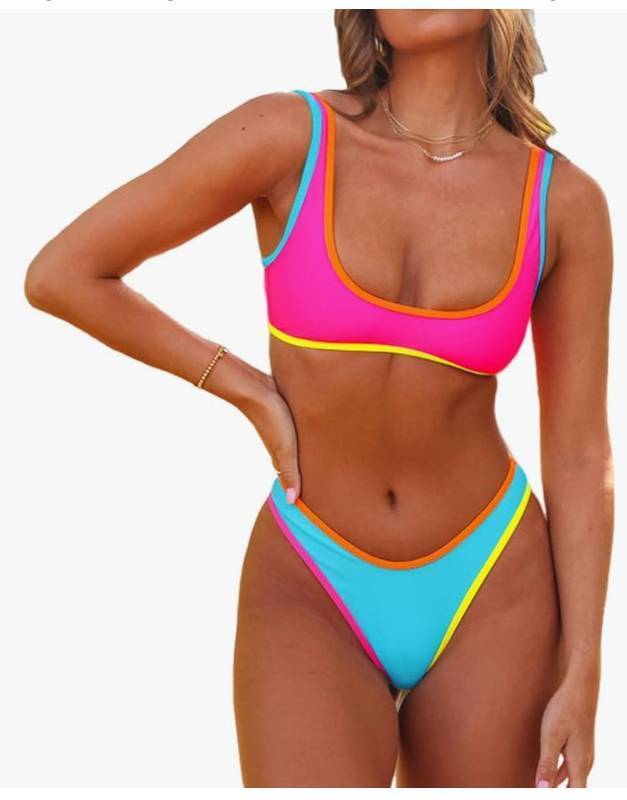 lot 58111 image: Womens Sexy Scoop Neck Bikini Sets Color Block High Cut Thong Brazilian Two Pieces Swimsuit Bathing Suit(L) - Retail $15