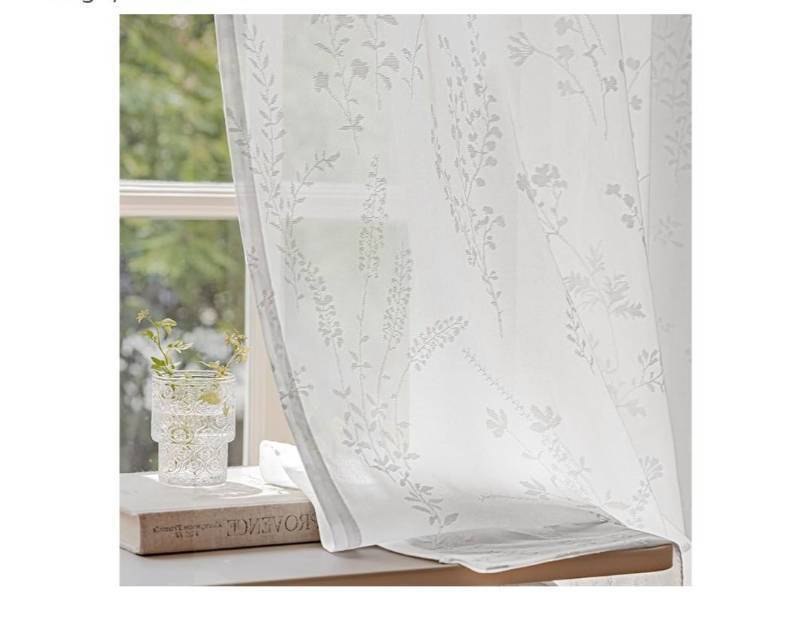 lot 58130 image: White Semi Sheer Light Filtering Curtains 72 Inches Long 2 Panels, Flower Pattern Drapes for Living Room Bedroom, Rod Pocket Sheer Window Treatments with Floral Design, 52x72 Inch - Retail $20