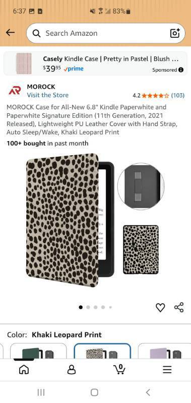 lot 58134 image: Case for 6.8 Kindle Paperwhite and Paperwhite Signature Edition (11th Generation, 2021 Released), Lightweight PU Leather Cover with Hand Strap, Auto SleepWake, Khaki Leopard Print - Retail $15