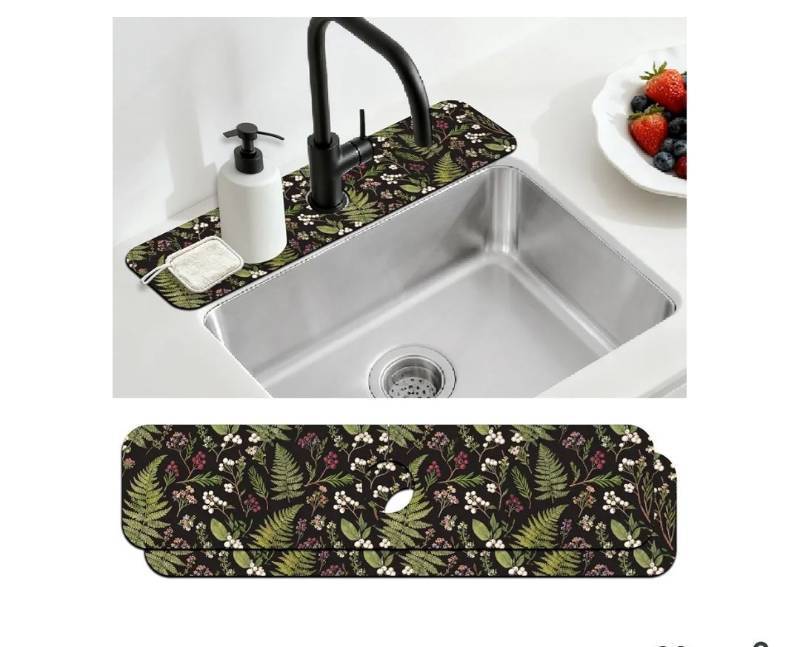 lot 58168 image: Kitchen Sink Splash Guard Faucet Mats - Fern and Berries Pattern (2-Pack) - Retail $12