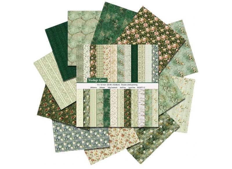 lot 58189 image: 12x12 Scrapbook Paper, 24 Sheets24 Designs Vintage Green Scrapbook Paper Set, Double-Sided Garden Pattern Floral Decorative Craft Paper For DIY Card Making Photo Album Journal Decor - Retail $13