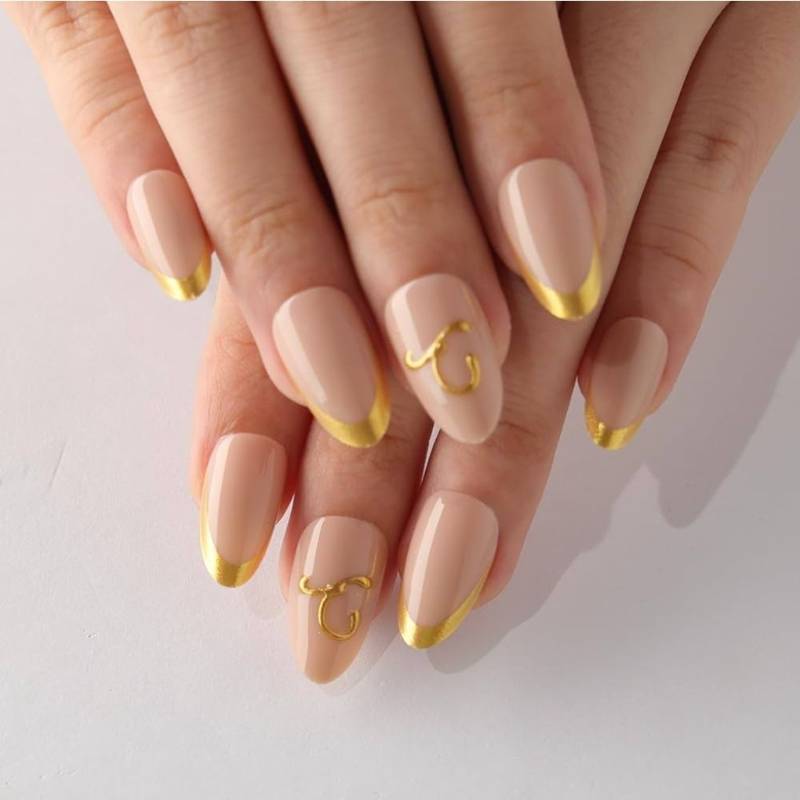 lot 57851 image: Birthday Press On Nails, 3D Letter c Gold French Tip Short Almond Fake Nails, Reusable Trendy Personalized Glossy Soft Gel Acrylic False Nails, Personalized Gift for Women Birthday Party - Retail $8