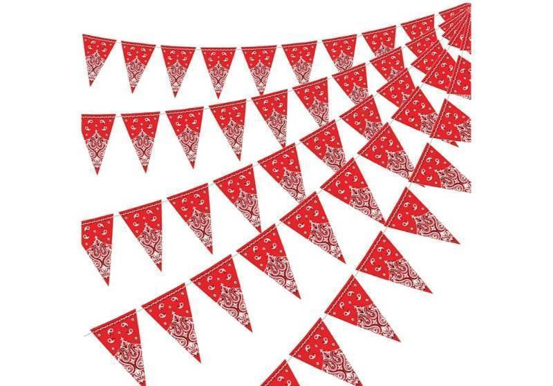 lot 57336 image: 5 Pack Western Cowboy Party Decorations Bandana Pennant Banner Wild West Decor Western Cowboy Themed Yee Haw Country Party Decoration Supplies 9.8 x 5 ft(Red Paisley) - Retail $15