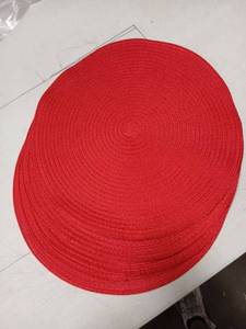 lot 1288 image: SHACOS 15 inch Round Placemats Set of 6 Braided Non Slip Washable Place Mats for Dining Tables Kitchen Table Mats Home Wedding Party Decor (Red, 6) - Retail $17