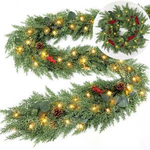 lot 1294 image: Extra Thick & Lush - Prelit Christmas Garland with 30 Lights Timer, 6Ft by 12 Inch Real Touch Cedar Garland with Berry Pinecone, Battery Operated Realistic Soft 130 Tips Xmas Garlands Indoor Outdoor - Retail $24
