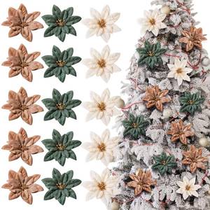 lot 1297 image: Thiccywoov 15 Pcs Christmas Poinsettia Artificial Flowers with Clips Christmas Tree Flowers Decor 5.5 Vintage Poinsettia Xmas Tree Decoration for Xmas New Year Wedding Party (Elegant Color) - Retail $19