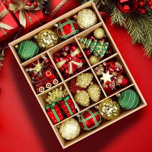 lot 1303 image: Alupssuc 82pcs Christmas Balls Ornaments Set, Delightful Classic Gift Set, Shatterproof Plastic Decor for Xmas Tree Holiday Wedding Party Decorations with Hanging Strings, Gold, Red and Green - Retail $40